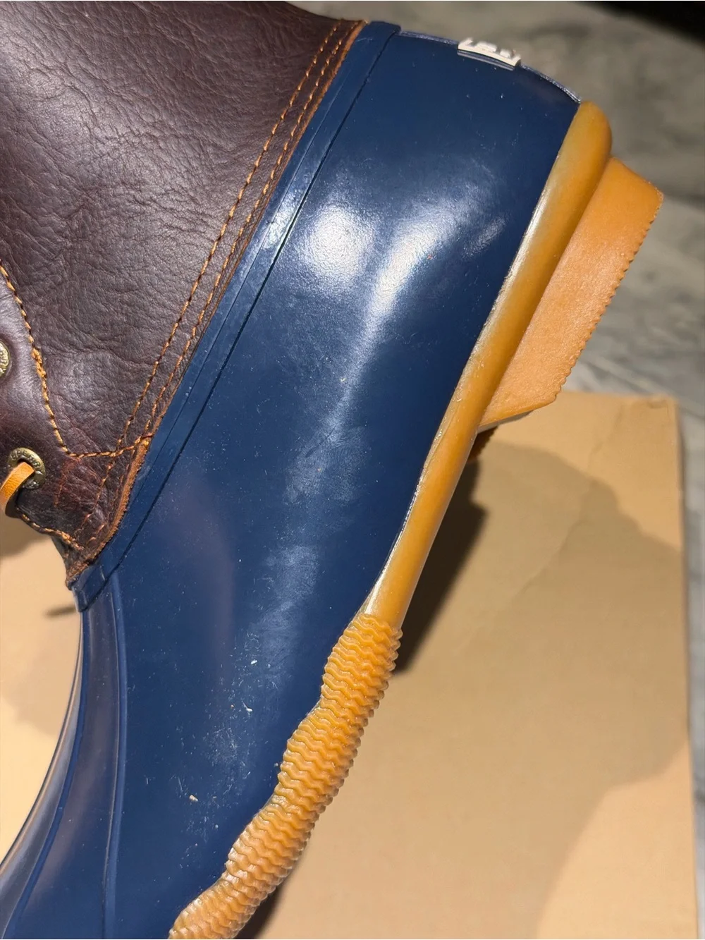 Sperry Navy and Brown Waterproof Duck Boots with Tan Laces